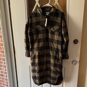 Duluth Trading Co Olive Green and Black Buffalo Plaid Long Jacket